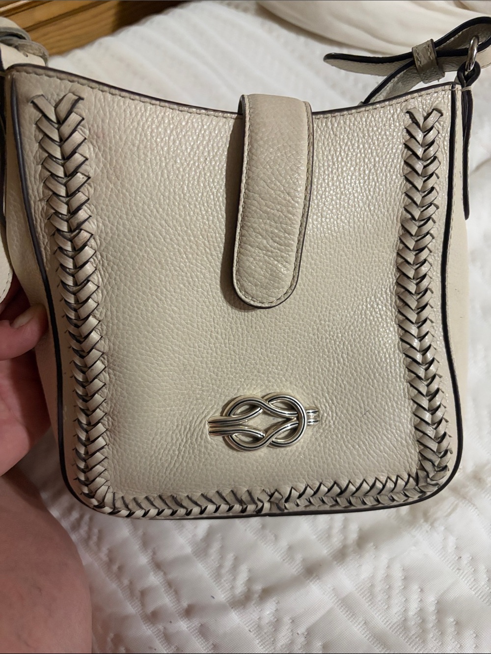 Brighton Cream Leather Crossbody with Braided Trim and Silver Knot Accent